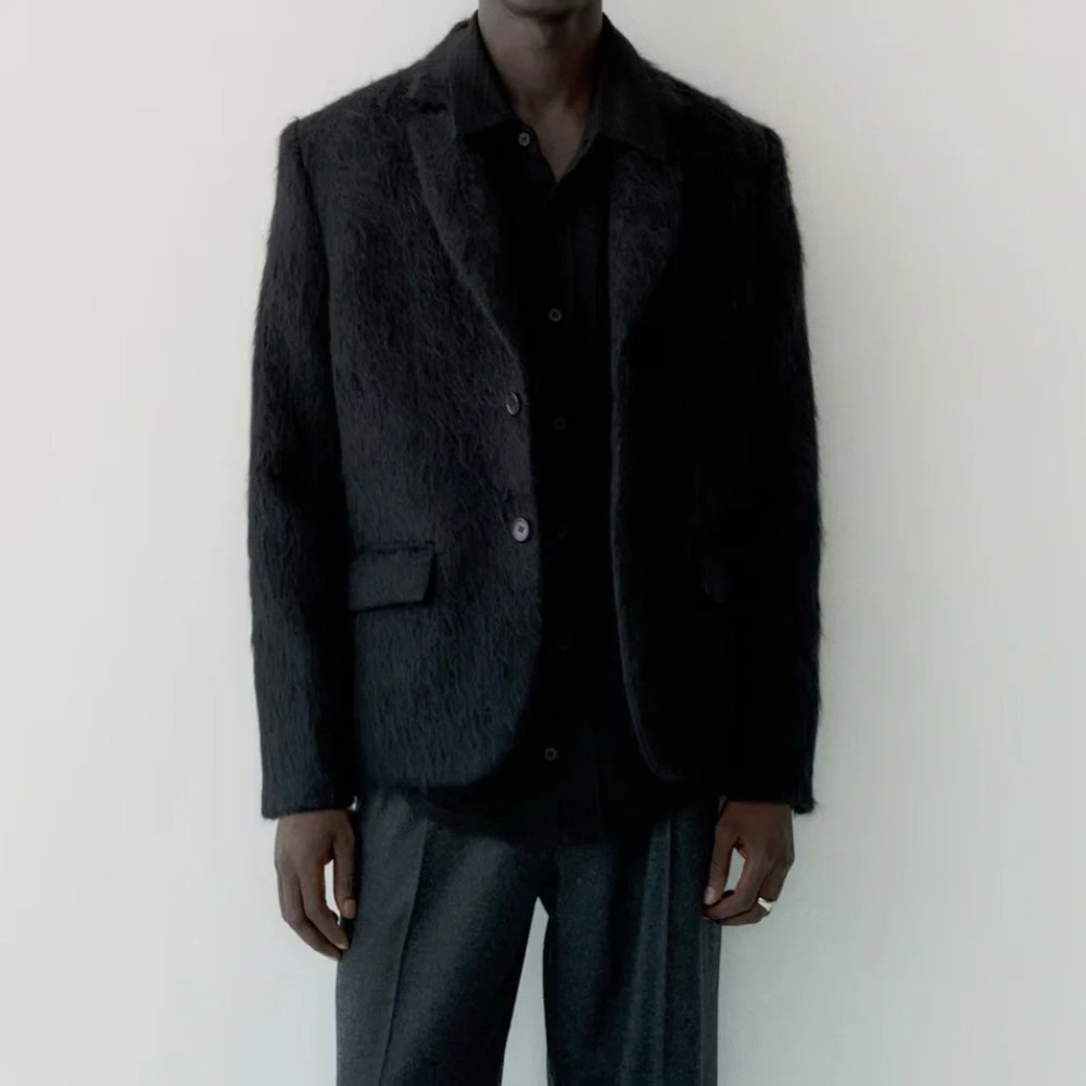 NWT H&M Atelier‎ Wool Mohair Fuzzy Blazer Italian Manteco Fabric Black Men 52R